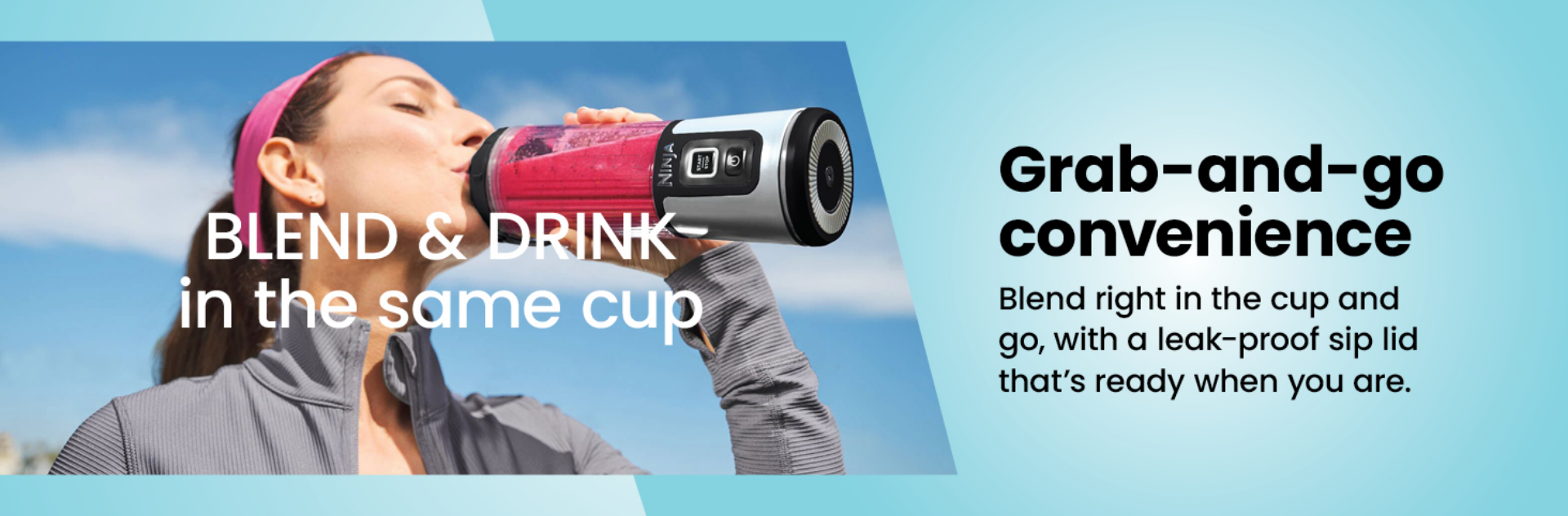 Woman using a Ninja Blast portable blender with grab-and-go convenience message