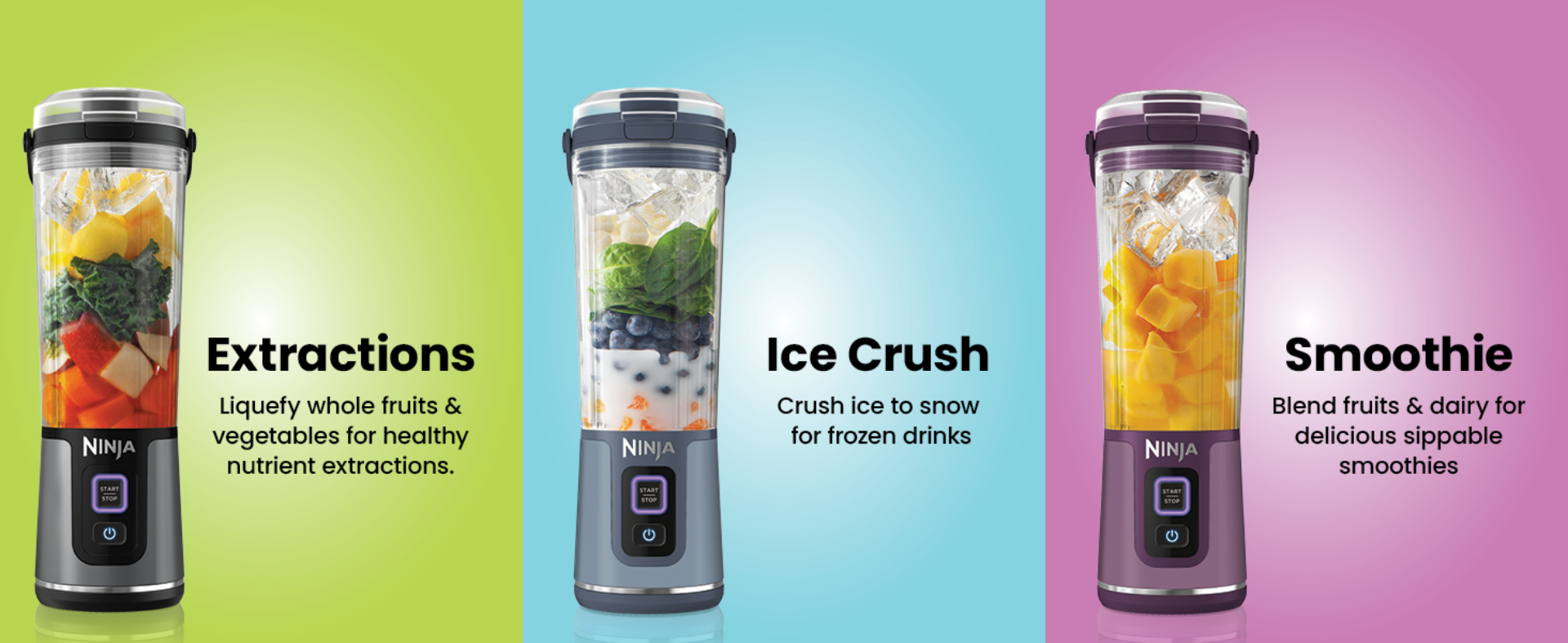 Three Ninja Blast portable blenders showing extractions, ice crush and smoothie functions