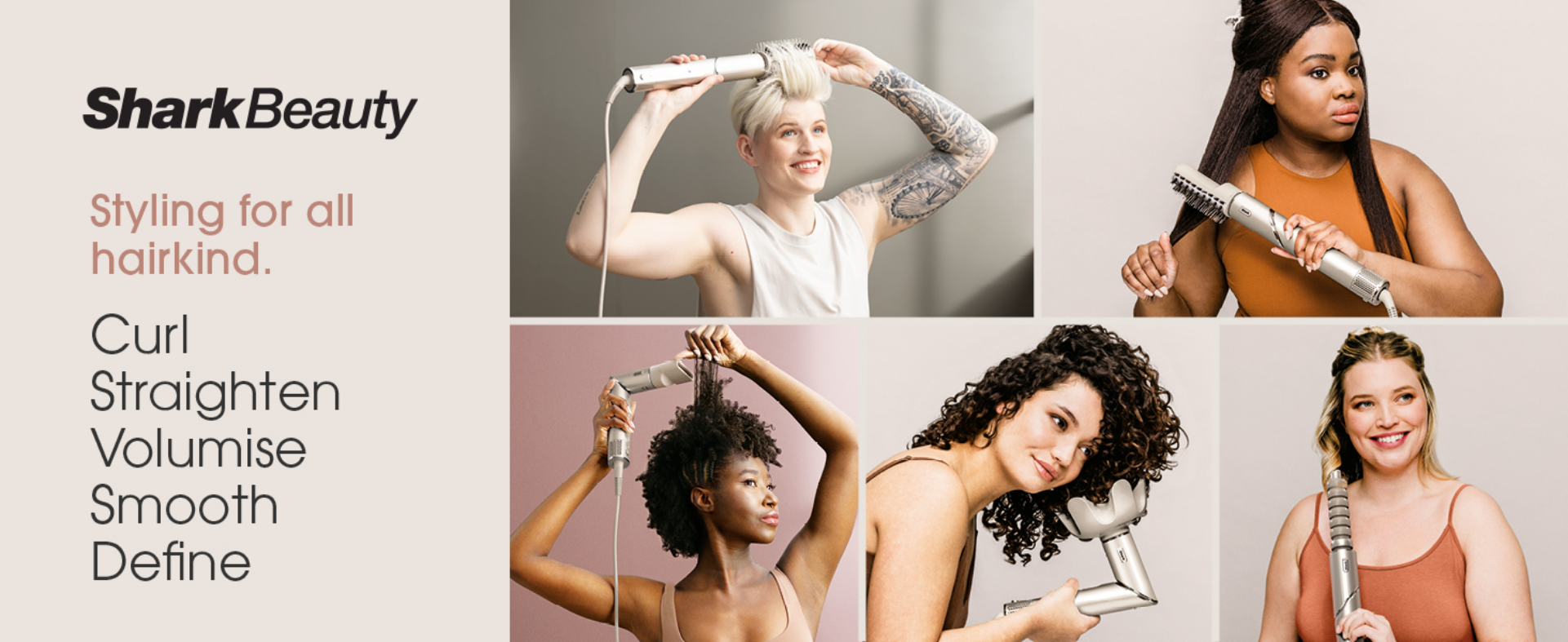 Shark Beauty stylers hero with multiple hairstyles and tools